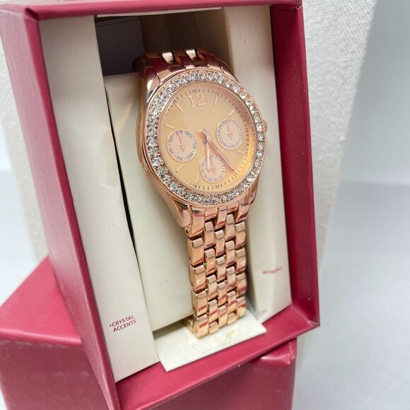 Merona Rose Gold-Tone Crystal Inlay Analog Womens Watch New - Picture 5 of 10